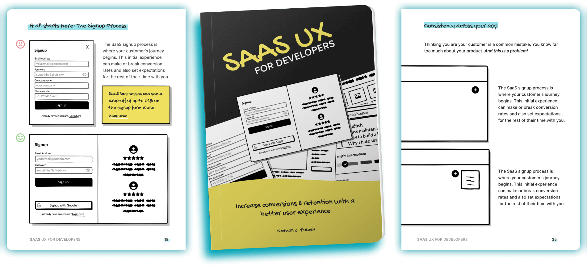 an image of the book cover and contents from 'SaaS UX for Developers'